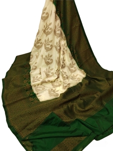 Dupion silk Off white with dark green zari border